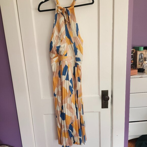 NWT Amour Vert Pleat Recycled Sateen Dress in Sonia Indigo Blue Multi - M - Picture 4 of 9